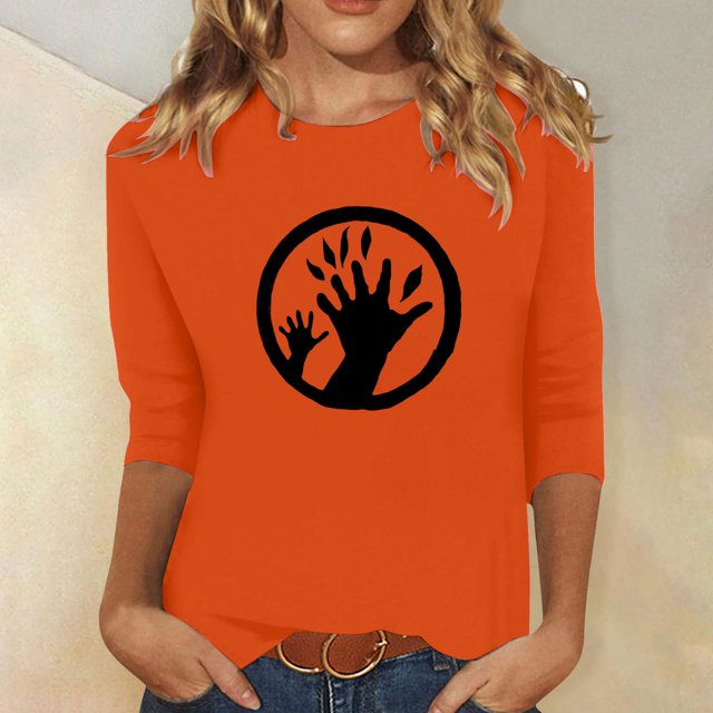 Heisall Women's Spring Autumn Tops 3/4 Sleeve Round Neck Casual Fashion Blouses Orange Festival Print Shirts