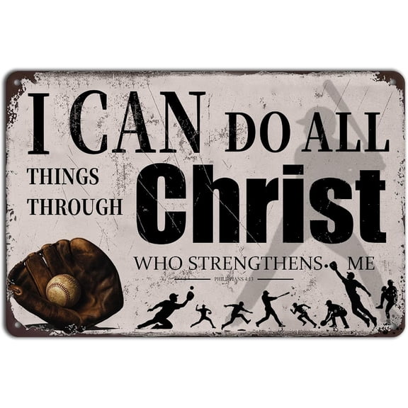 Baseball Room Decor for Boys – “I Can Do All Things Through Christ” Inspirational Tin Sign – Sports Wall Art for Christian Kids Bedroom, 8x12 Inch Vintage Baseball Metal Sign