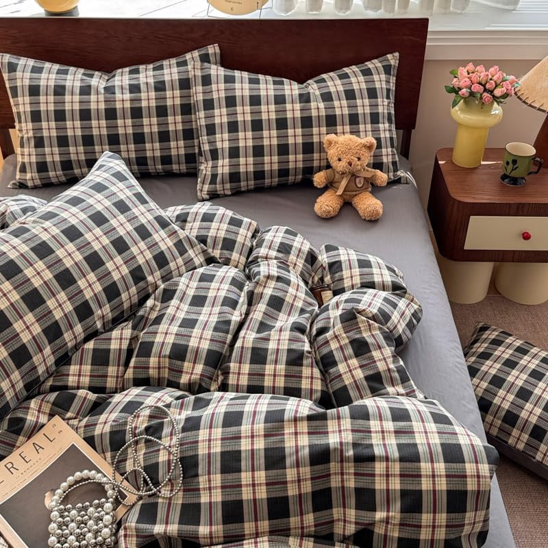 JOLUSERE Black Beige Plaid Duvet Cover Twin Set, 2-Piece Vintage Grid Checkered Pattern Soft Gray Comforter Cover