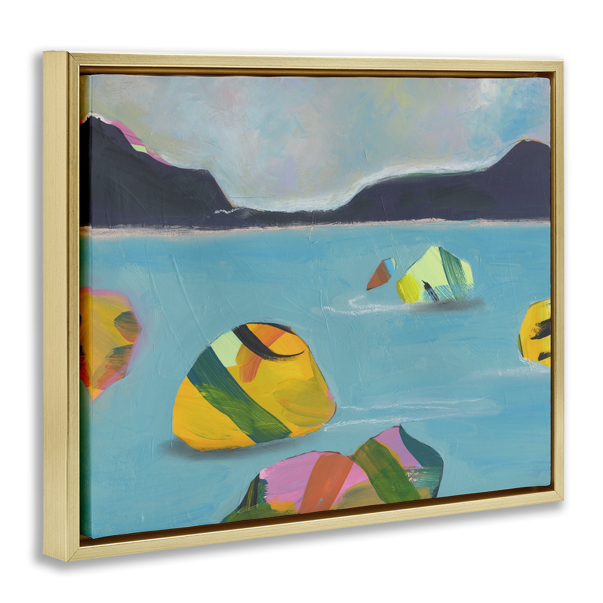 Stupell Industries Sea Buoys Floating Landscape & Nature Painting Gold Floater Framed Canvas Art Print Wall Art, 21 x 17