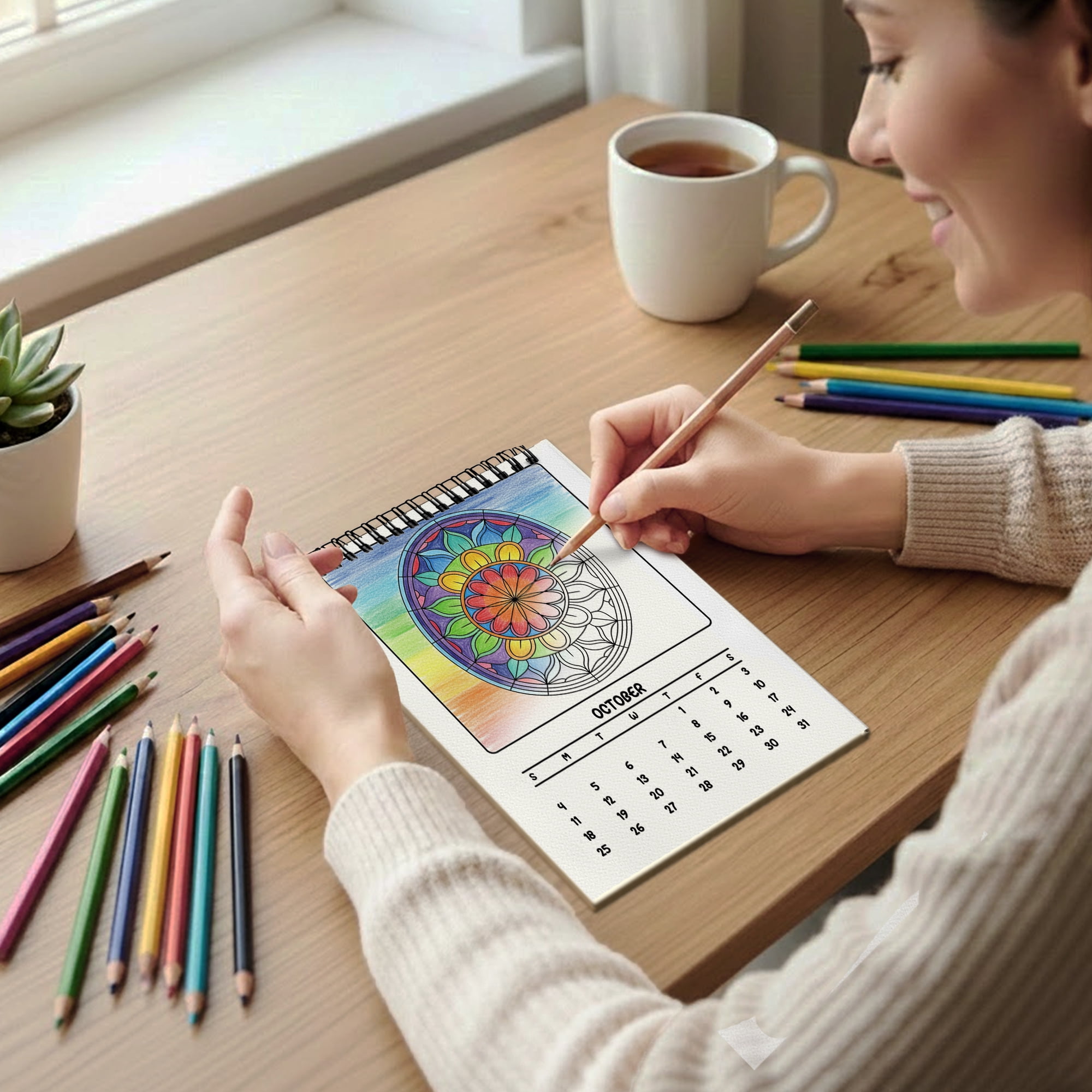 Stained Glass Mandalas Coloring Desk Calendar 2026–2027, A5 Wooden Cover Planner with 26 Easy Coloring Pages for Adult Relaxation, 24 Month Desktop Calendar with Stand, Gift for Family & Friends