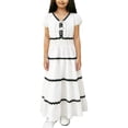 thumbnail image 1 of Vestido de verano para niños, color sólido, cuello en V, encaje, manga corta, top de poliéster para niños, 1 of 8