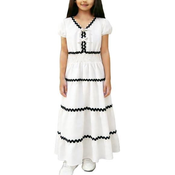 Girls Christmas Party Dress for Kids Solid Color V Neck Short Sleeve Assembling Laciness Summer Dress 1Pc