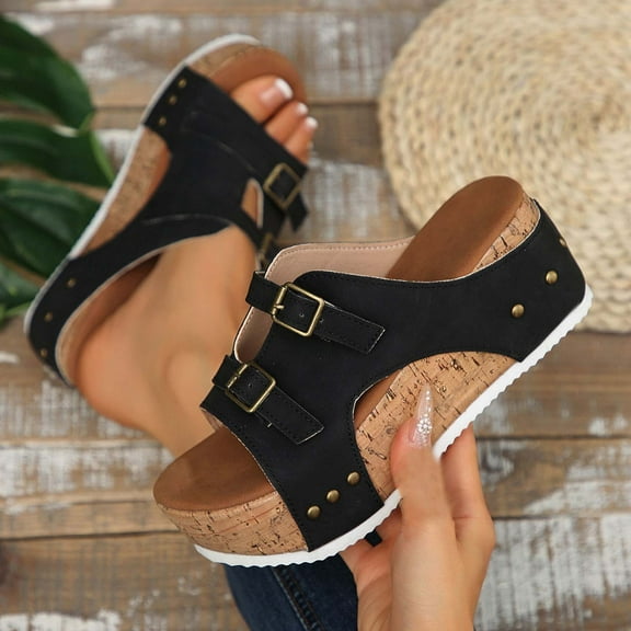 Women's Slides Adjustable Slip on Sandals Fashion Casual Versatile Spring And Summer Thick-Soled Wedge Sandals