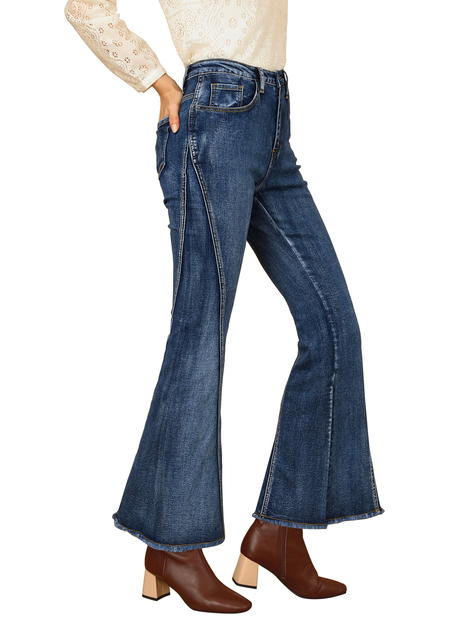 DARING DIVA Women's Flare Denim Pants High Waist Stretch Bell Bottoms Jeans S Blue
