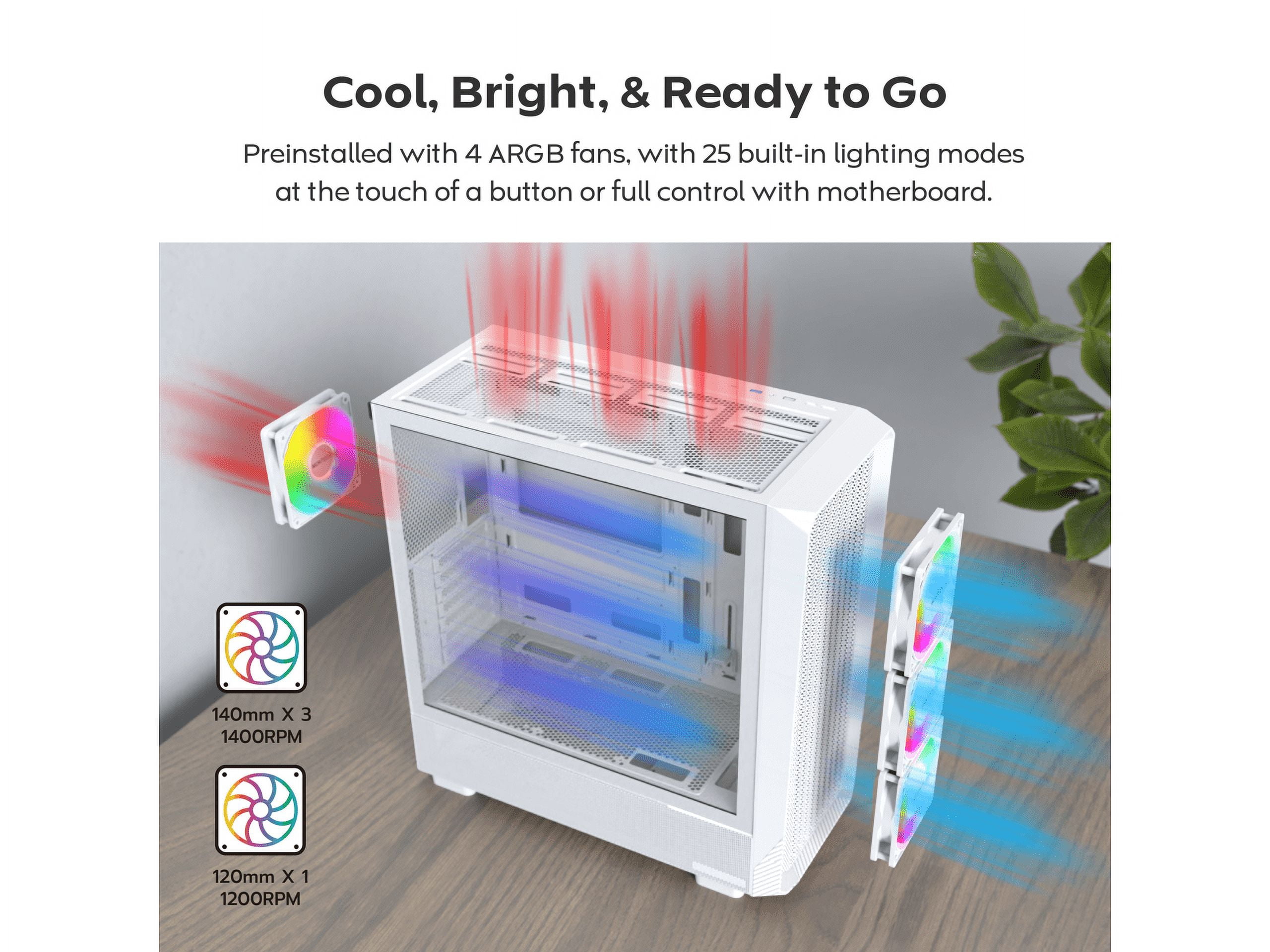MONTECH X5- ATX Mid-Tower Gaming PC Case, High Airflow, 3x 140mm and 1x 120mm ARGB Fans Pre-installed, Glass Side Panel, Carbon Print Accents, GPU Holder Included, White