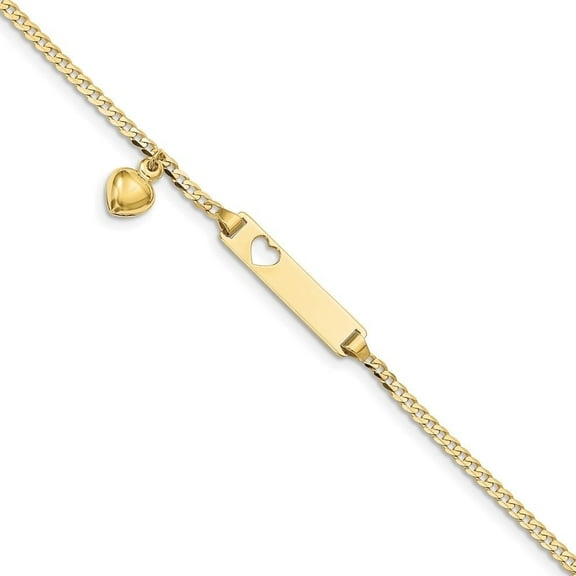 Auriga Fine Jewelry 10K Yellow Gold Flat Curb Link ID Bracelet with dangling heart 6" Valentine's Day Gift for Women