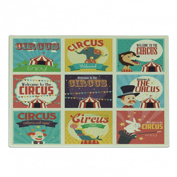 Circus Cutting Board, Composition of Old Circus Carnival Magicians Old Fashioned Nostalgic, Decorative Tempered Glass Cutting and Serving Board, Small Size, Multicolor, by Ambesonne