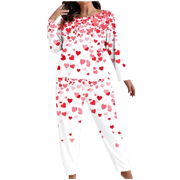 Lorytime Valentines Valentine Pjs Sets Women Plus Heart Plus Size Crewneck Long Sleeve Pullover and Trousers Loungewear