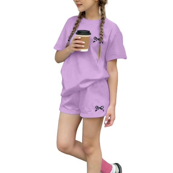Moxiu Girls Summer 2 Piece Outfits Cute Bowknot Oversized Short Sleeve T Shirts and Ealstic Waisted Shorts Sets with Pockets Purple,9-10Years
