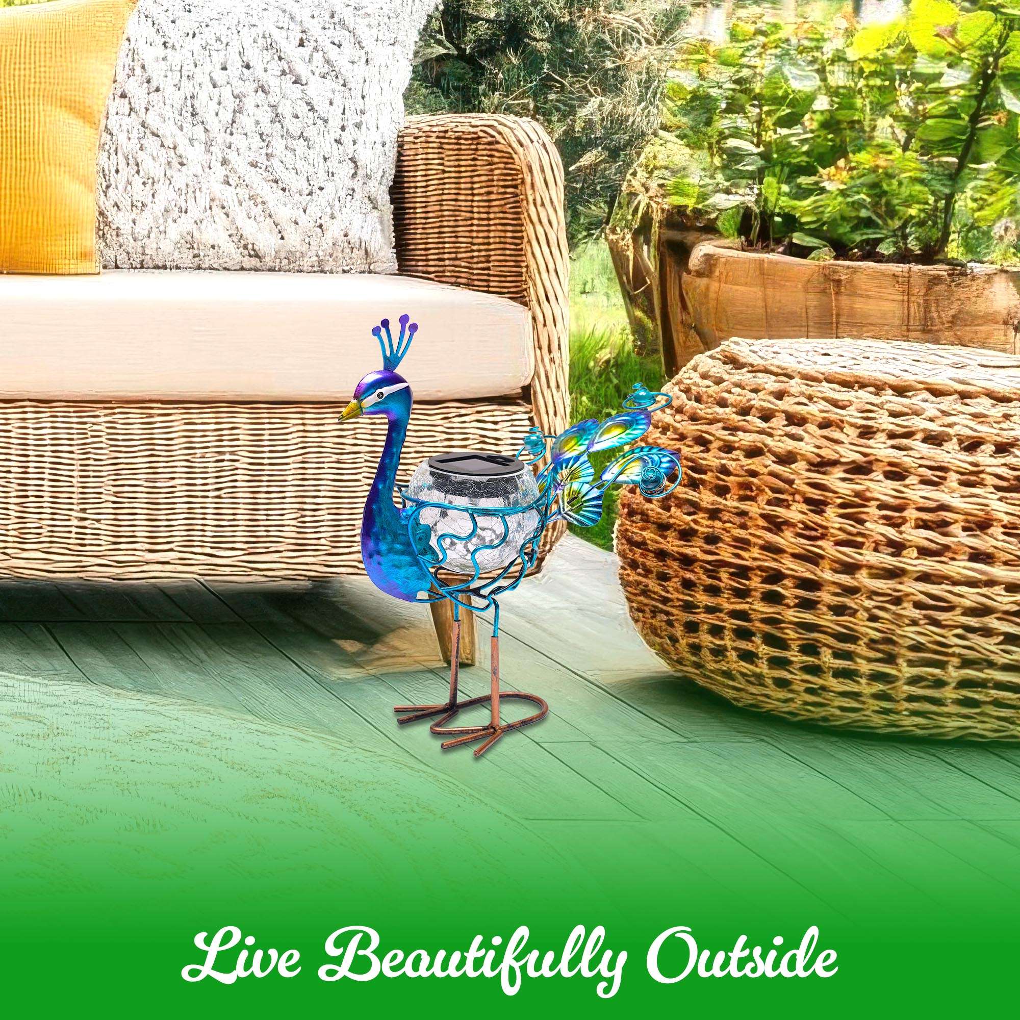 G128 Solar Metal Peacock Statue 12" Waterproof Yard Art with Solar Light for Lawn Patio
