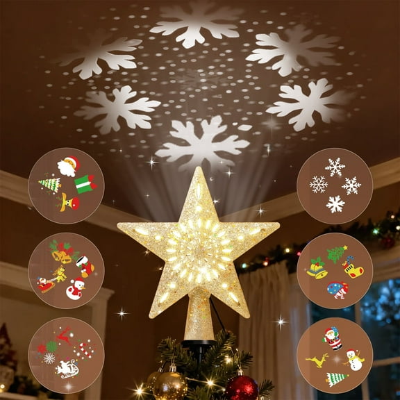 Phopollo 10.5-Inch Christmas Tree Topper LED Star Projector, 6 Rotating Projection Modes,Glitter Star Tree Topper for Indoor Xmas Holiday Tree Decor.