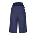 thumbnail image 4 of Mrat Cotton Linen Short Women's Knee Length Shorts Oversized Elastic Waist Drawstring Casual Solid Color Shorts Loose Straight Leg Beach Shorts with Pockets S-48 Blue L, 4 of 6