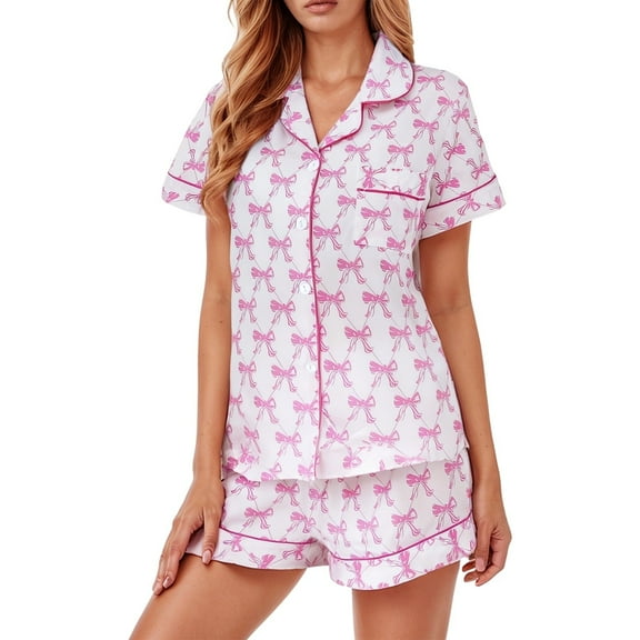 Womens Pajama Sets Bow Printed Collar Short Sleeve Shorts Cute Comfortable Sleepwear Loungewear Nightwear Nightclothes Homewear