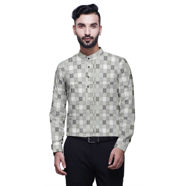 BESTMAN Kurta-Shirt Court pour Homme, Inde, Imprimé, Manches Longues Retroussables