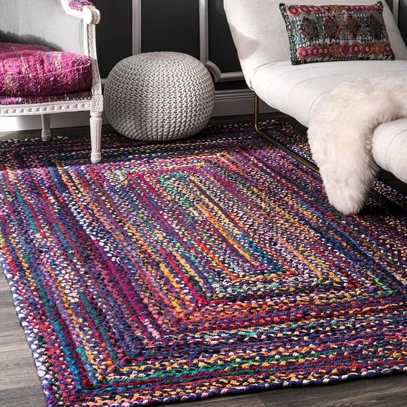 Tapis en Coton Multicolore Tressé à la Main Indien, Tapis de Décoration pour la Maison, Tapis en Jute pour Chambre, Salle à Manger, Salon, Tapis de Porte Taille - 3 Pieds Carré (90 cm x 90 cm)