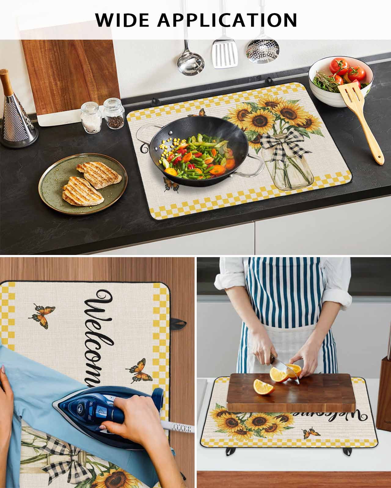 nqOlkjepod Large Induction Cooktop Protector Mat 31"x24", Yellow Sunflower Stove Top Covers for Electric Stove, Butterfly Plaid Bow Retro Beige Farm Stove Burner Cover Mats, Glass Top Stove Cover