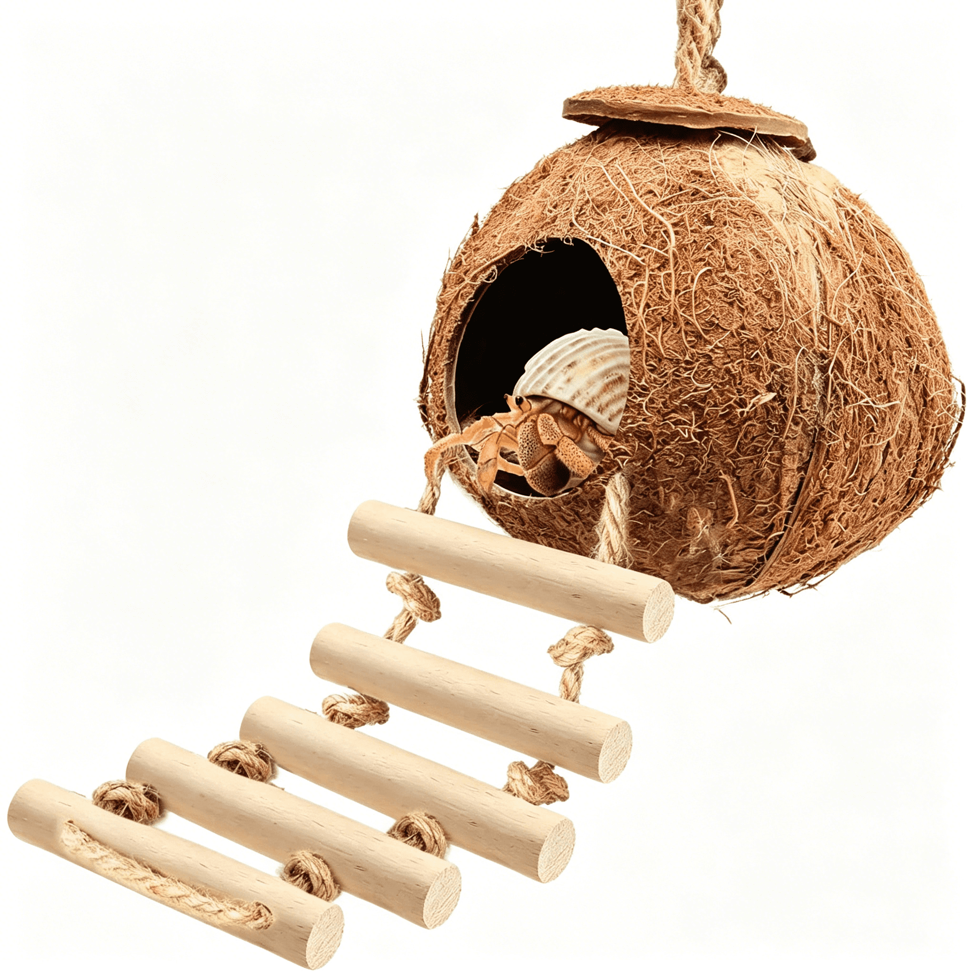 ACDANC Gecko Tank Accessories Natural Coconut Shell Hut with Climbing Ladder&Suction Cup Hermit Crab Toys Reptile Hideout for Leopard Gecko Snake Lizard and Small Pets Habitat Decor
