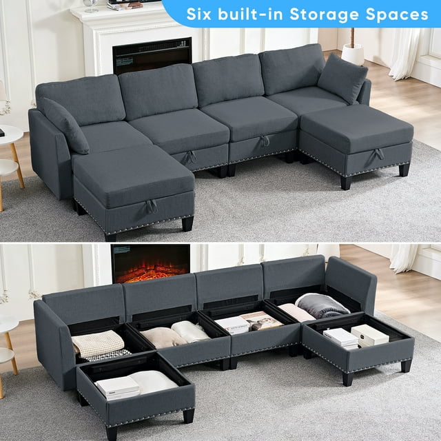 Puremind Canapé Sectionnel Modulaire 6 Pcs avec Ottoman Mobile, Canapé Sectionnel en Forme de U/L avec Rangement, Canapé-Lit Convertible pour Salon/appartement, Gris Foncé