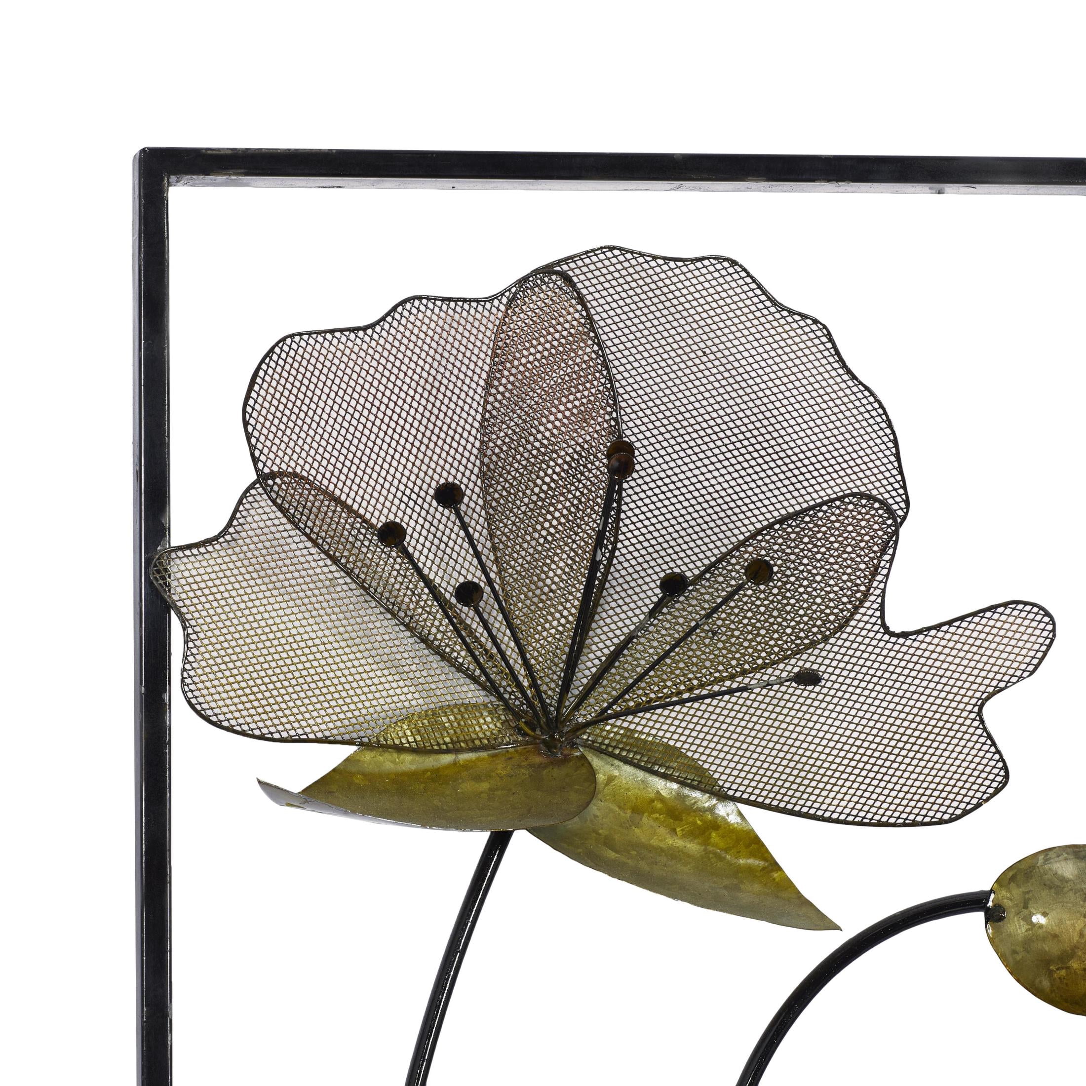 DecMode Black Metal Floral Wall Decor with Green and Orange Accents (2 Count)
