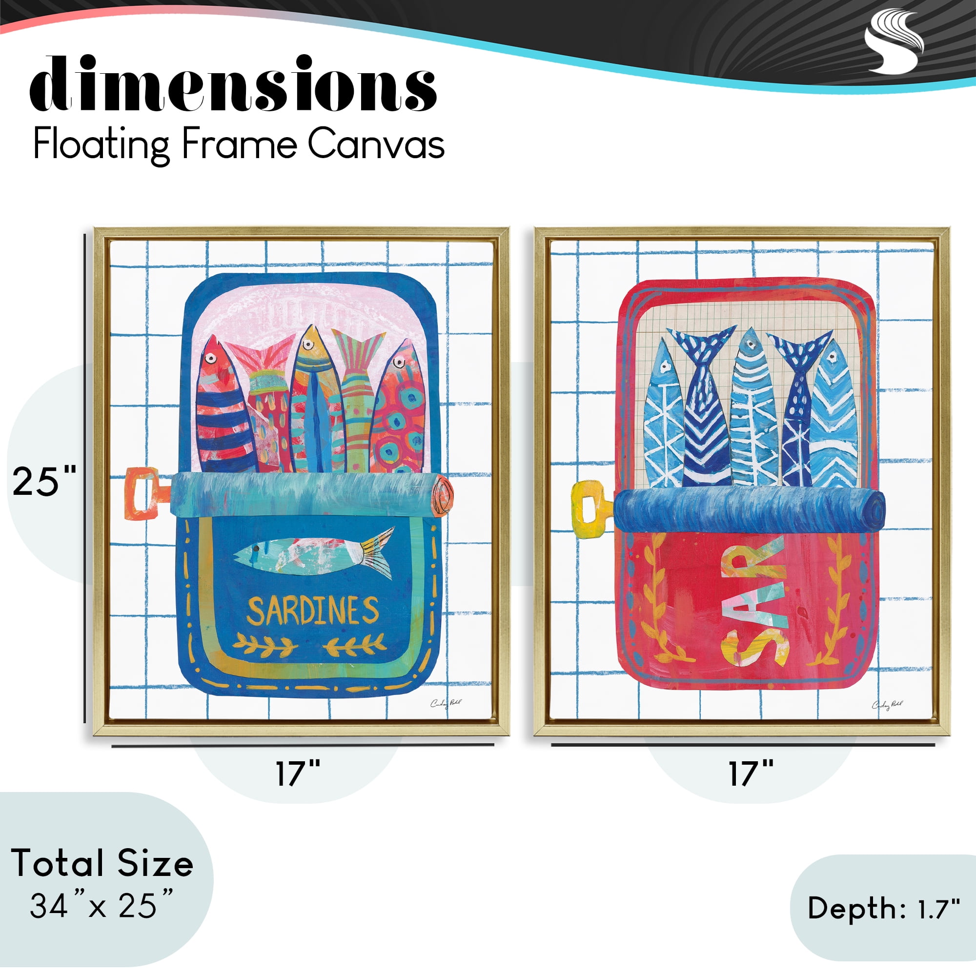 Stupell Industries Whimsical Silly Sardines 2 Piece Gold Framed Floater Canvas Set, design by Courtney Prahl