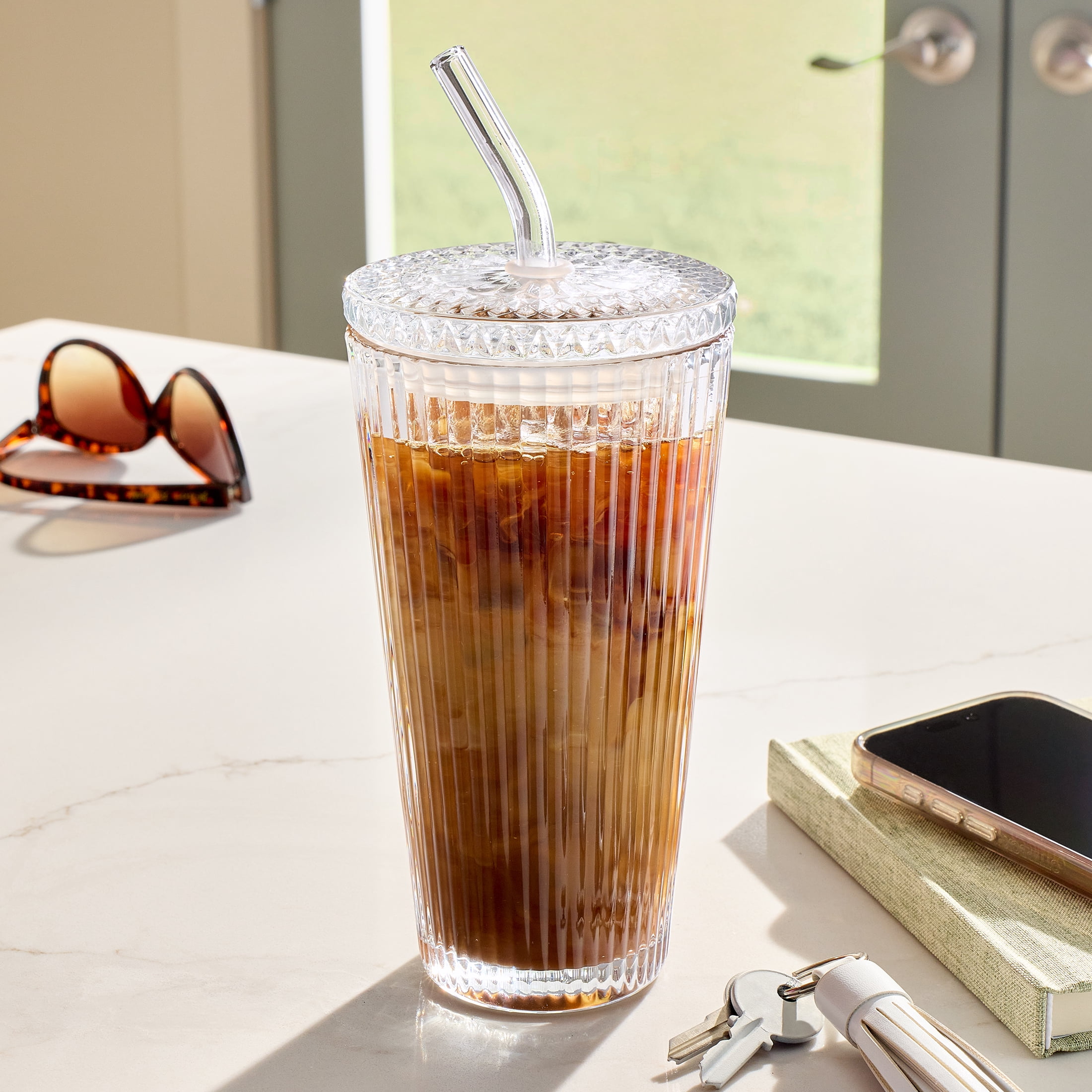 Better Homes & Gardens 21 oz Ribbed Glass Tumbler with Glass Lid and Straw