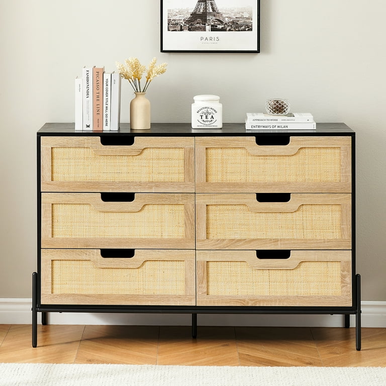 Towallmark Rattan Locker Dresser For Bedroom With 6 Drawers Wood Drawer Dresser Chest Of Drawers For Closet Living Room Hallway Nursery Black