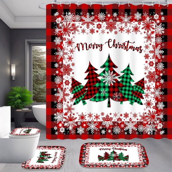 4pcs Red Buffalo Plaid Christmas Shower Curtain Set Merry Christmas Bathroom Decor Non-Slip Rugs Toilet Lid Cover U-Shaped Mat