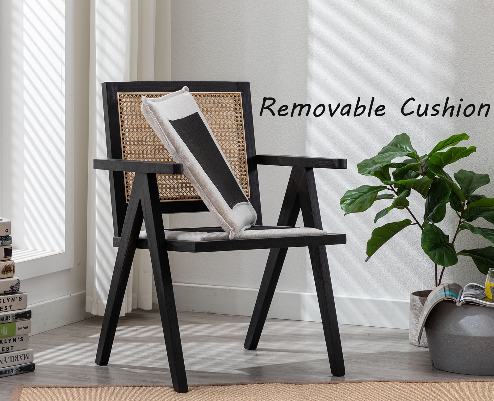 Guyou Modern Rattan Dining Chair Set of 2, Mid-century French Farmhouse Upholstered Solid Wood Armchair Reading Chair, Retro Accent Chair with Woven Back and Black Base, Beige Fabric