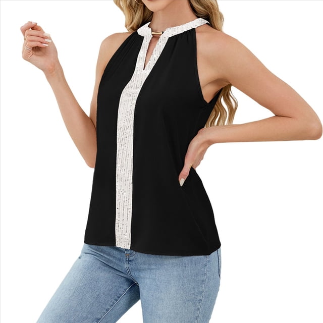 Camisa de con Cuello en V y Sin Mangas para Mujer, para Oficina y Trabajo. Negro M