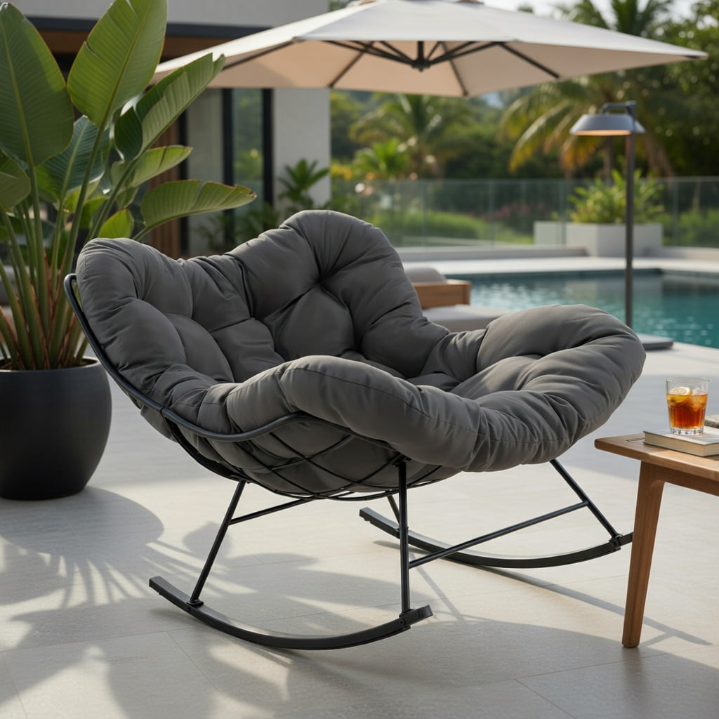 Hommoo Oversized Egg Papasan Rocking Chair with Thick Padded Cushion, Indoor/Outdoor Patio Lounge Chair, Gray