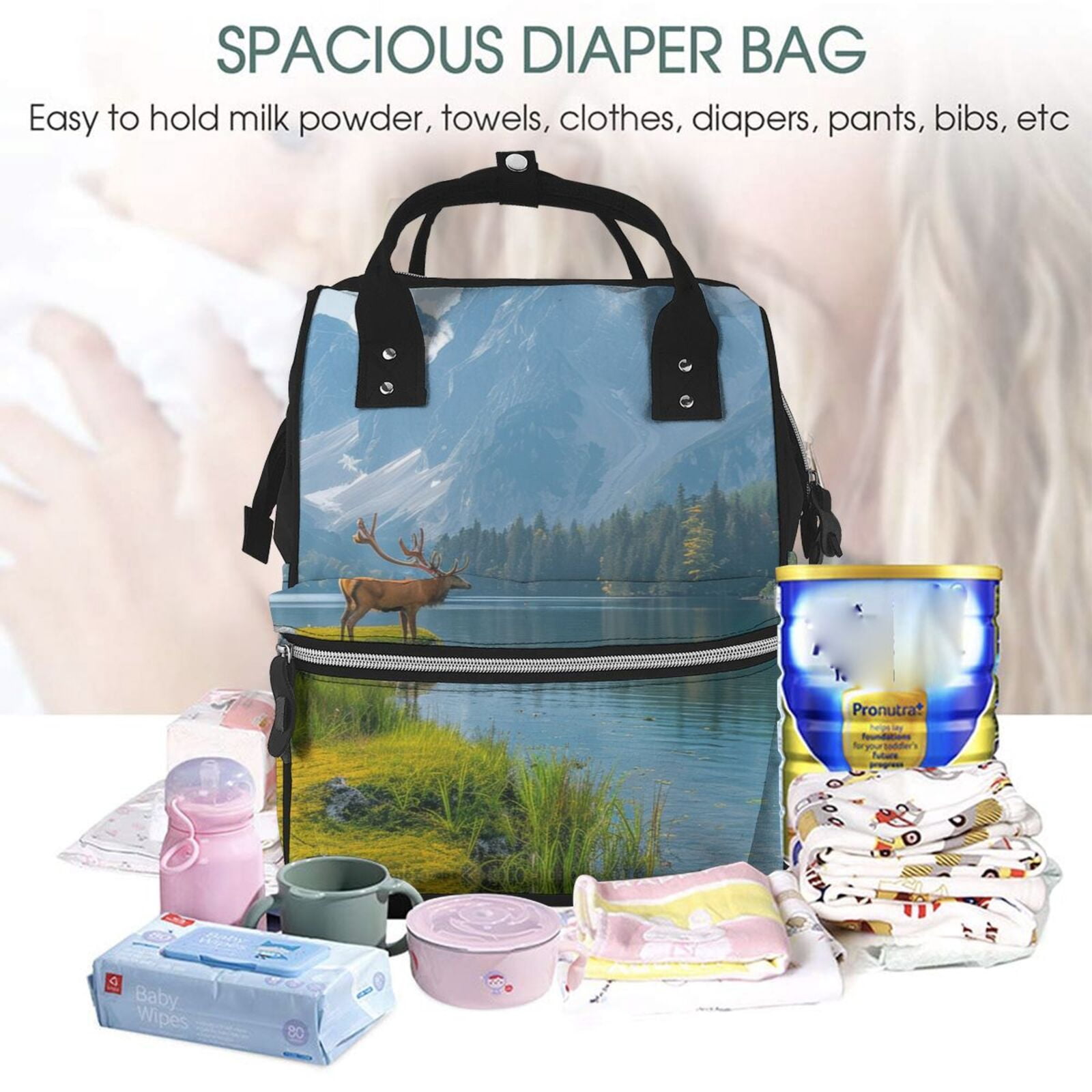 Ratiio Majestic Deer Mountain Lake Mummy Backpack - Waterproof Twill Canvas, Large Capacity Diaper Bag with Multiple Pockets and Adjustable Straps