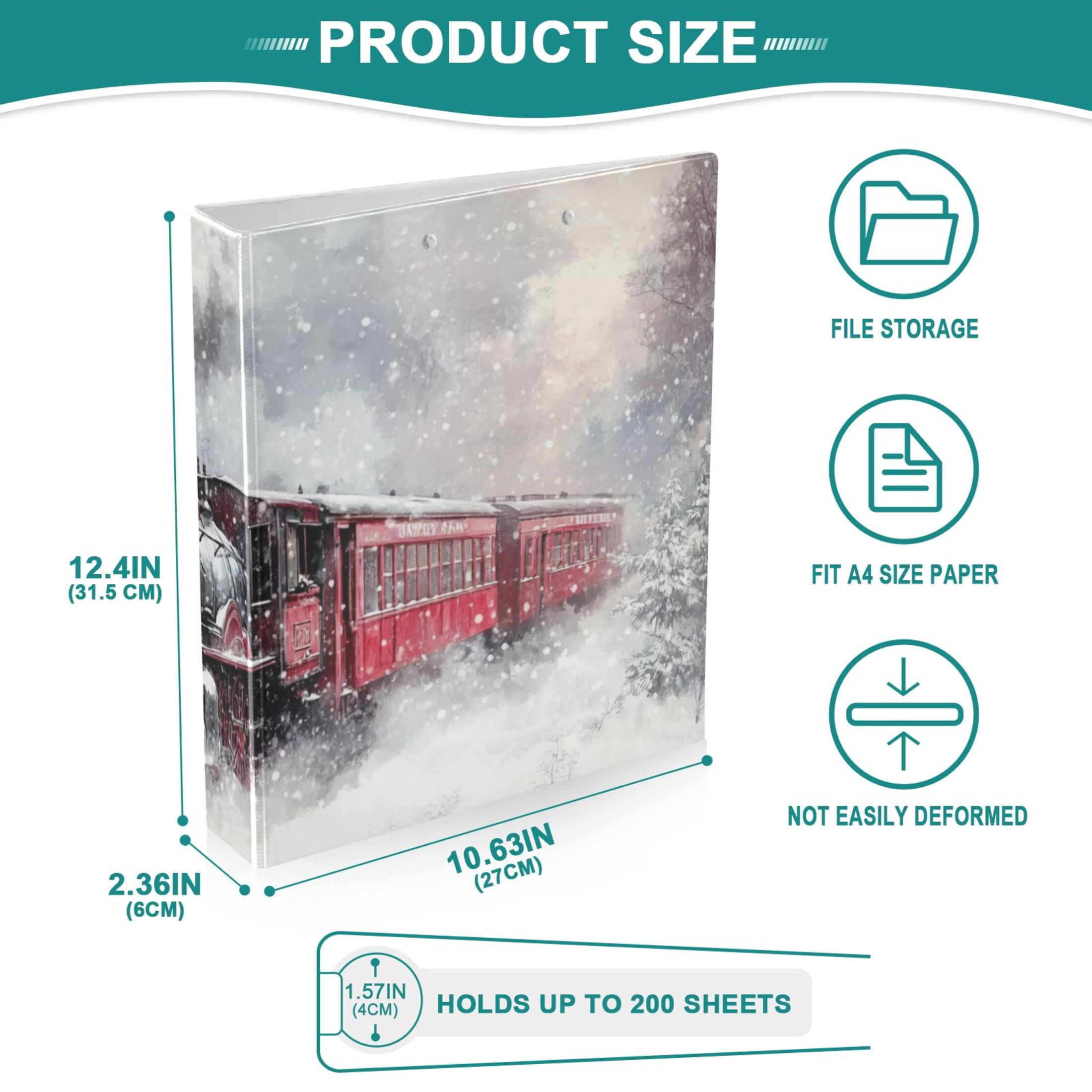 Train Snow 3 Ring Binders 1.5 inch Hardcover File Folders with Interior Pockets A4 Size Organizer for School Office Hospital
