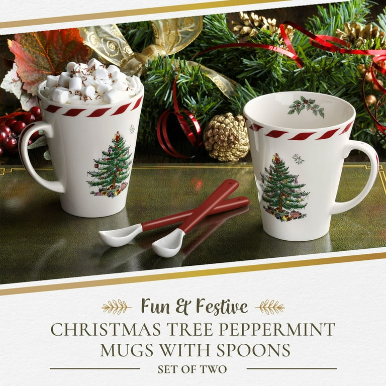 Spode Christmas Tree 5-Piece Mug & Tin Set - 2024 Design, 2 Fine China Mugs  & Cork Coasters, Holiday Gift Spode Christmas Mugs