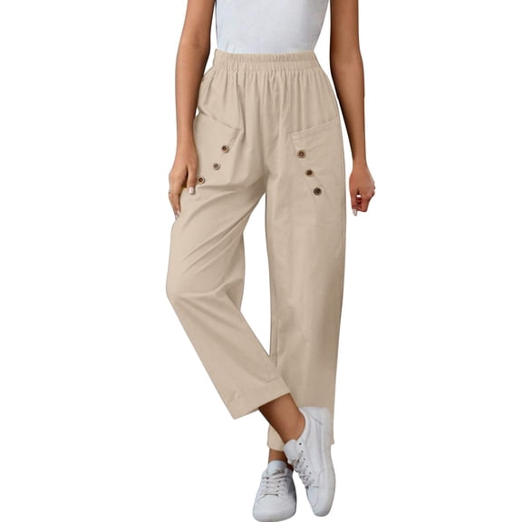 Audhol Soft Pants for Women, Cotton Linen Pants for Women High Waisted Drawstring Summer Comfy Casual Loose Beach Pants with Pockets Linen Pants Women Petite Beige L
