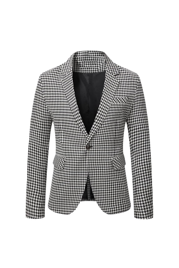 Men Fashion Houndstooth Print Blazer for Men's Slim Fit Notched Laple Plaid Casual Suit Coat Black 2XL