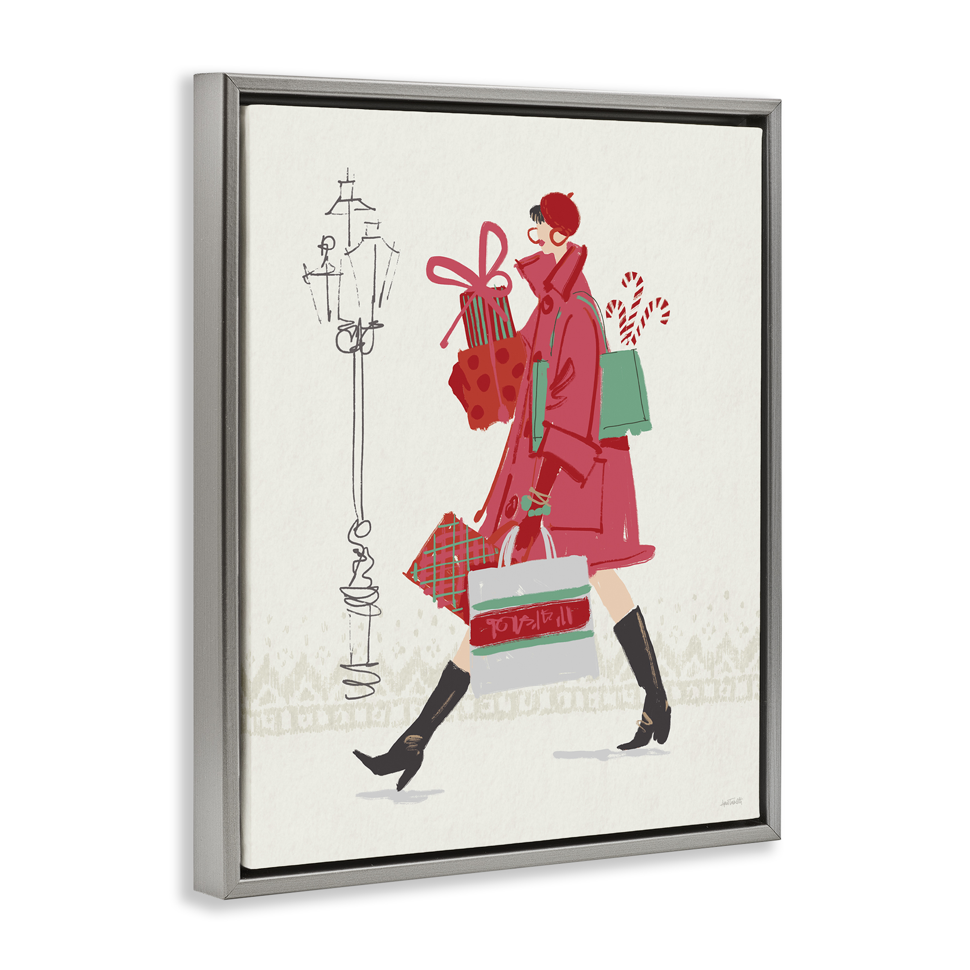 Stupell Industries Trendy Festive Fashion Holiday Painting Gray Floater Framed Canvas Art Prints Wall Art, 17 x 21