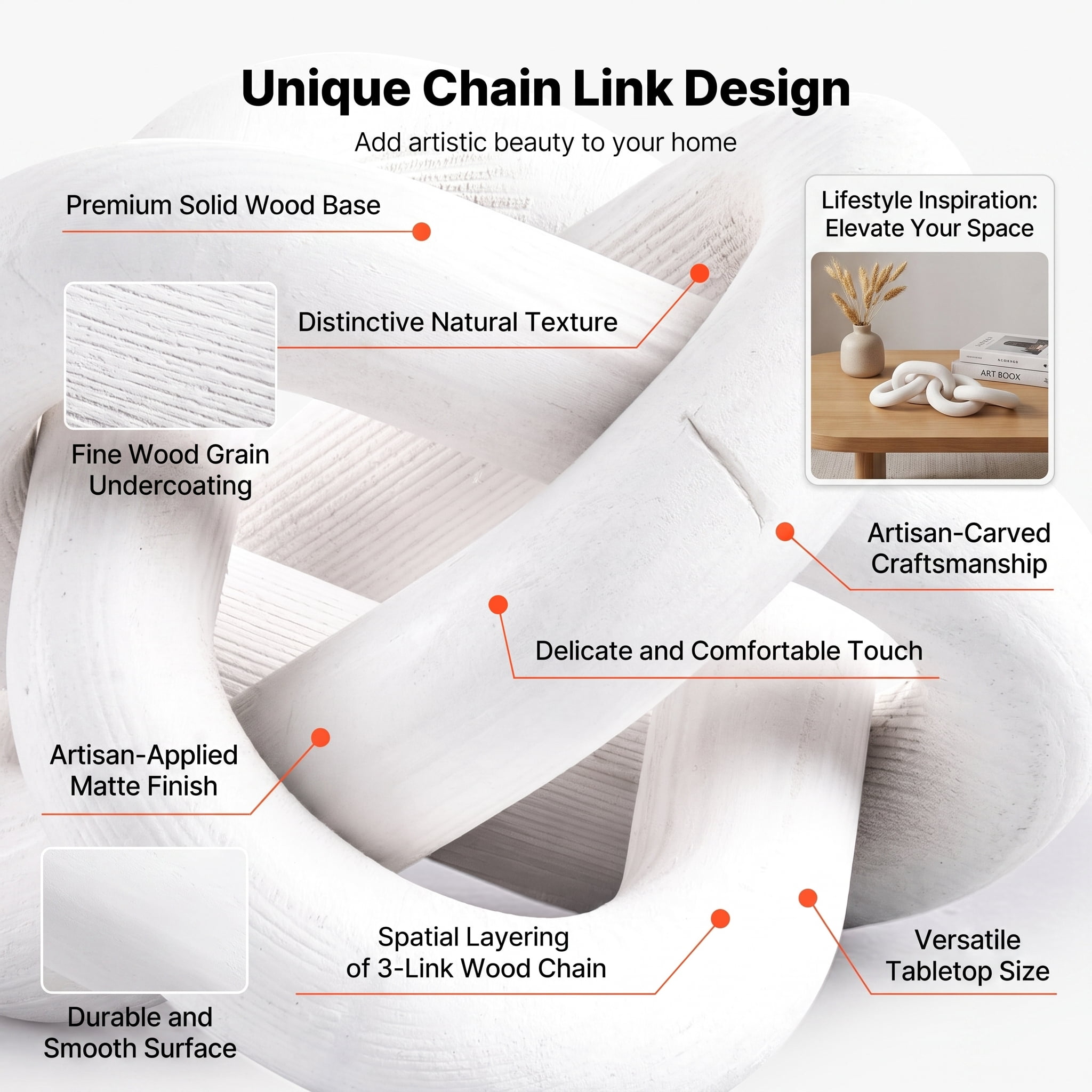 Natural Pine Wood Chain Link Decor, Hand-Polished Smooth Rustic Farmhouse, 5-Link Wooden Knot Decor for Shelf Mantel Table Home Decoration