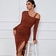 thumbnail image 5 of Vestido de cóctel sexy de manga larga con un hombro al descubierto y fruncido con cordón ajustable para mujer, 5 of 6