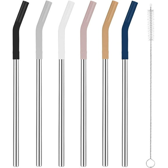 NOGIS Set of 6 Stainless Steel Reusable Metal Straws with Silicone Flex Tips Elbows Cover, Metal Drinking Straws for Tumbler , 6 Steel Straws,6 Silicone Tips,1 Straw Cleaning Brush
