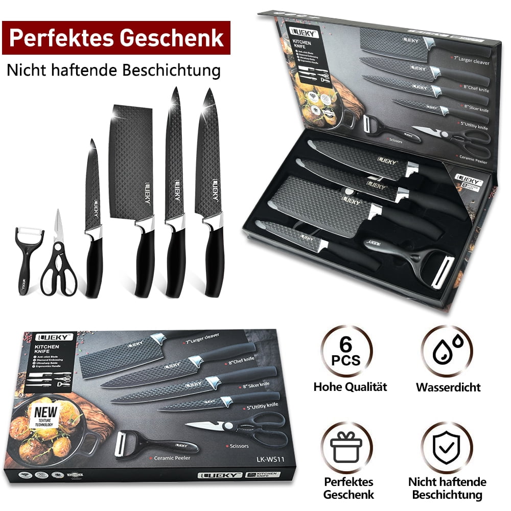 Welan 6-piece chef knife set, high-carbon stainless steel sharp blades, ergonomic handles, set with built-in scissors, suitable for Christmas holiday gifts