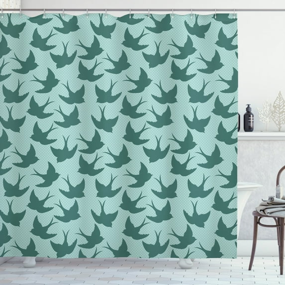 Birds Shower Curtain, Avian Woodland Animal Silhouettes with Polka Dots Background Fauna Pattern, Fabric Bathroom Set with Hooks, 69W X 75L Inches Long, Teal and Mint Green, by Ambesonne
