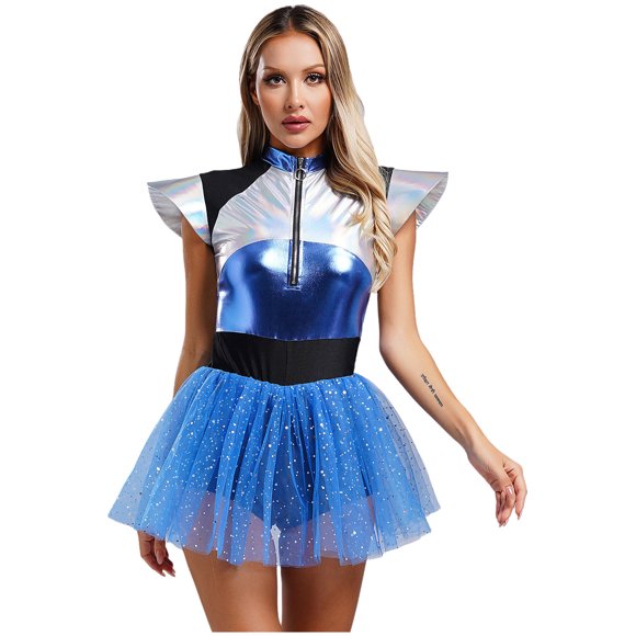 iiniim Alien Cosplay Costume for Women Shiny Metallic Space Fighter Astronaut Sequin Tutu Dress Halloween Outfit Blue XL