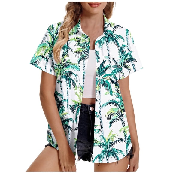 Staron Women's Casual Hawaiian Print Short Sleeve Button Down Shirt Blouse Comfy Relaxed Vacation Beach Party Top, XXL