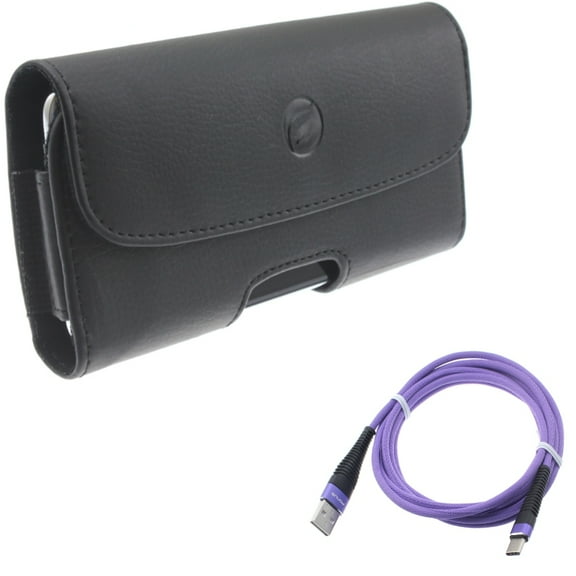Purple 6ft USB Cable w Leather Case Belt Clip for Samsung Galaxy A73 5G,A13 5G,A03s Phones - Type-C Charger Cord Power Wire, Holster Cover Pouch Loops