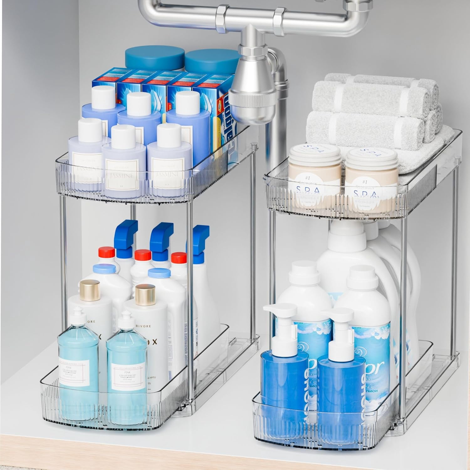 RGHJAR-2 Pack Large Pull Out Bathroom Organizers and Storage,2 Tier 12.8″ Tall Sliding Kitchen Under Sink Organizer for Cleaning Products Storage,Acrylic Clear Bathroom inder Sink Organizer,Undersink