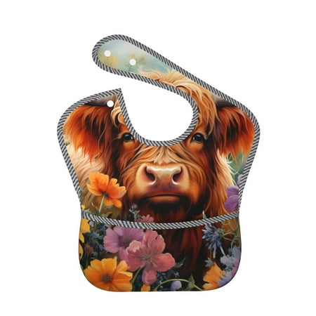 

Bingfone Mess-Proof Baby Bib - Waterproof Bib for Baby Boy or Girl with Food Catcher Pocket Unisex-Countryside Colorful Floral Cow