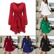thumbnail image 2 of Women\'s Deep V-neck Summer Dress Long Sleeve Ruffle Solid Color SkirtL, 2 of 5