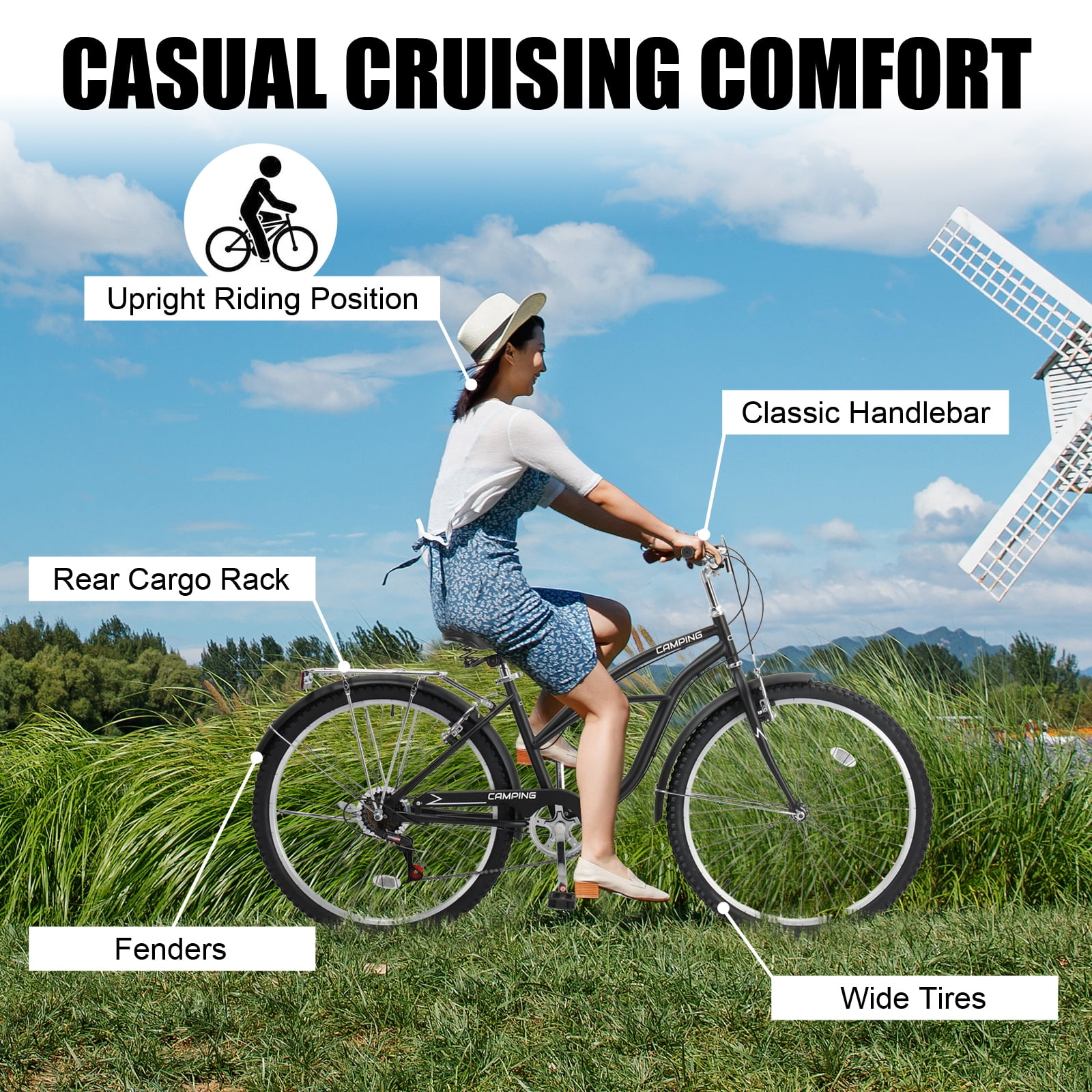 Ktaxon 26" Commuter Bicycle, 7-Speed Beach Cruiser Bike with Rear Rack, Men and Women Black