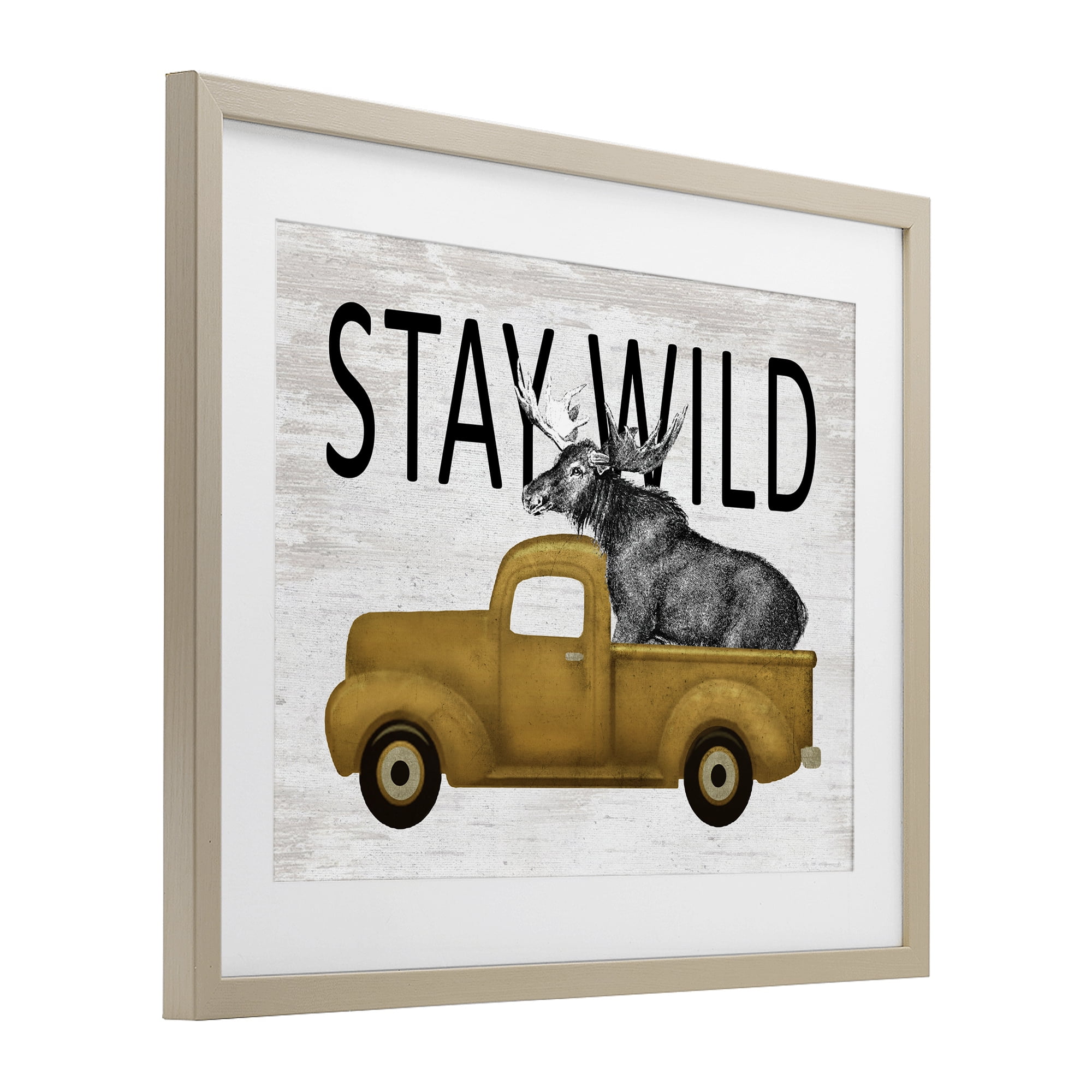 Stay Wild Moose Truck Birch Framed Print Under Glass, design by Lettered and Lined